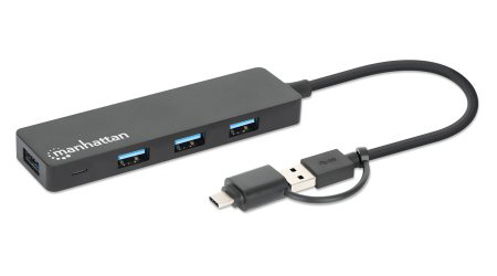 Manhattan USB Hub - USB 3.2 (Gen 1) Type A, USB 3.2 (Gen 1) Type C - 640 MB/s - Black - 4 Total USB Port(s) - PC, Mac, Lin