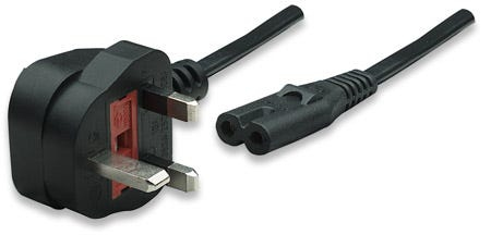 Manhattan Mains Power Cord/Cable, UK 3-pin plug to C7 Female (figure of eight), 1.8m, 13A, Black, Lead, Lifetime Warranty.