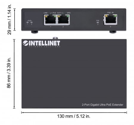 Intellinet 2-Port Gigabit Ultra PoE Extender, Adds up to 100 m (328 ft.) to PoE Range, PoE Power Budget 60 W, Two PSE Port