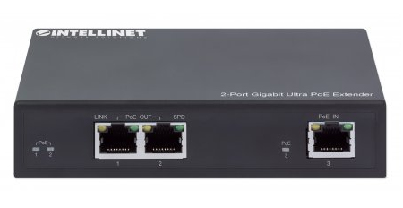 Intellinet 2-Port Gigabit Ultra PoE Extender, Adds up to 100 m (328 ft.) to PoE Range, PoE Power Budget 60 W, Two PSE Port