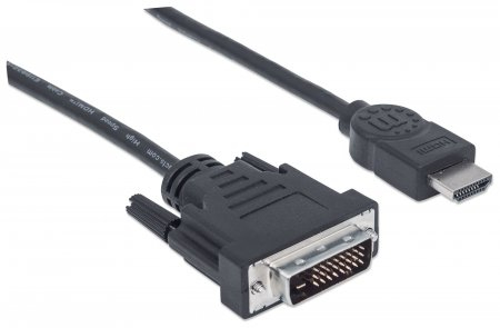 Manhattan HDMI to DVI-D 24+1 Cable, 2m, Male to Male, Black, Dual Link, Compatible with DVD-D, Lifetime Warranty, Equivale