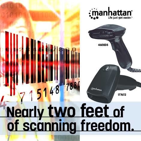 Long Range CCD Handheld Barcode Scanner, USB, 500mm Scan Depth, Cable 1.5m, Max Ambient Light 10,000 lux (sunlight), Black