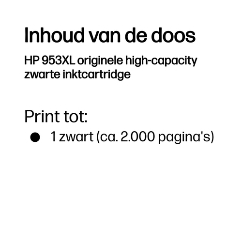 HP 953XL High Yield Black Original Ink Cartridge. Printing colours: Black, Quantity per pack: 1 pc(s), Black ink page yiel