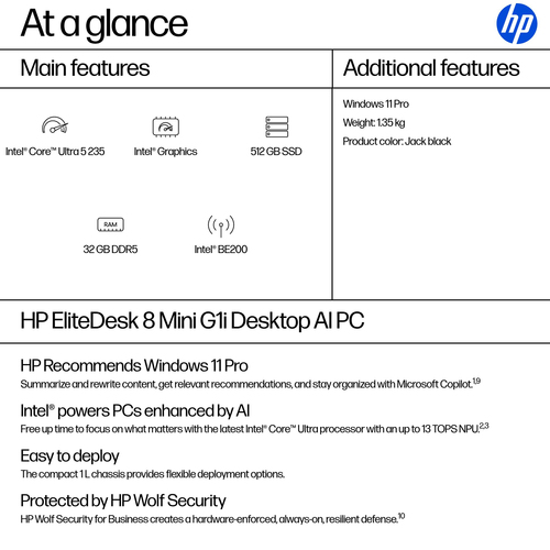 Desktop Computer HP EliteDesk 8 G1i - Intel Core Ultra 5 Seconda generazione 235 - Tecnologia vPro - 32 GB - 512 GB PCI Ex