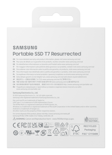 Samsung MU-PD1T0G/WW. SSD capacity: 1 TB. USB connector: USB Type-C, USB version: 3.2 Gen 2 (3.1 Gen 2). Read speed: 1050 