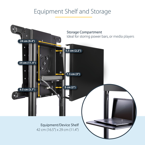 StarTech.com Mobile TV Cart, Portable Rolling TV Stand, 37-70 inch VESA Display Mount (154lb/70kg), Shelf & Storage, Rotat