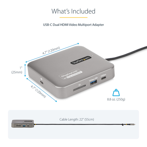 StarTech.com USB C Multiport Adapter, Dual 4K 60Hz HDMI 2.0b, 2x 10Gbps USB Hub, 100W PD Pass-Through, GbE, SD, Mini Dock,