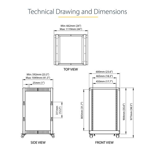 StarTech.com 18U 19" Open Frame Server Rack - 4 Post, Adjustable Depth 22 to 40" - Mobile Network Equipment Rack - HP ProL