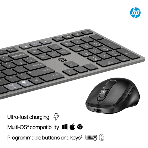 HP 725 Multi-Device Rechargeable Wireless Keyboard and Mouse Combo. Keyboard form factor: Full-size (100%), Connectivity t