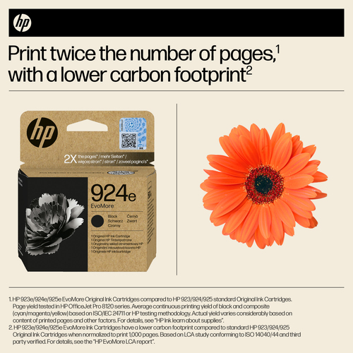 HP 924e EvoMore Black Original Ink Cartridge. Cartridge capacity: High (XL) Yield, Supply type: Single pack, Printing colo