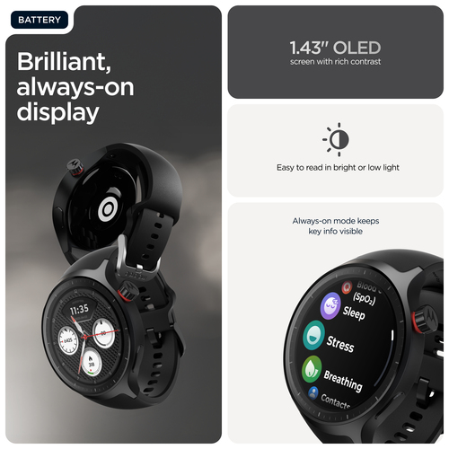 Motorola Mobility moto watch Smart Watch - Round Case Shape - Matte Black Body Color - Aluminium Case Material - Wireless 