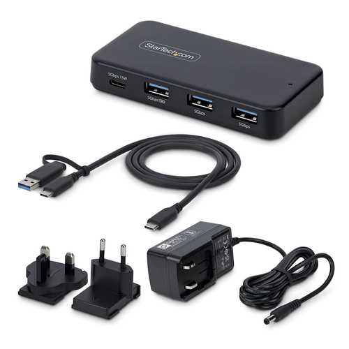 StarTech 4-Port USB-C and USB-A Hub, 5Gbps, Self-Powered, 2-in-1 USB-C and USB-A Host Cable, 1x USB-C and 3x USB-A (1x BC 
