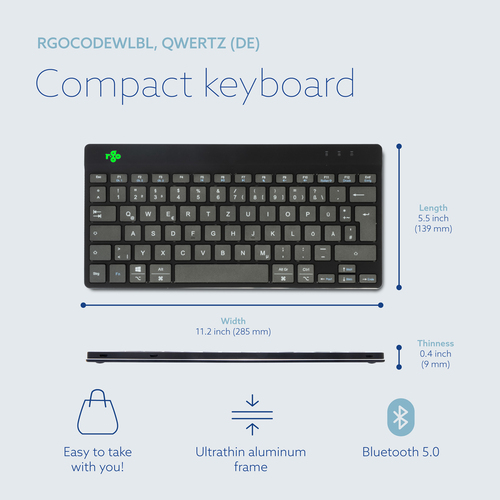 R-Go Tools Ergonomische Tastatur R-Go Compact Break, kompakte Tastatur mit Pausensoftware, QWERTZ (DE), Bluetooth, Schwarz