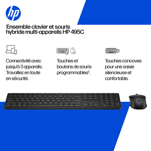 Clavier et souris HP 495C - AZERTY - Français - USB Type A Piston plongeur Sans fil Bluetooth/RF 2,40 GHz Clavier - Couleu