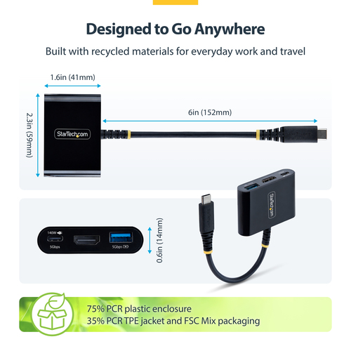 StarTech.com Adaptateur Multiport USB-C vers HDMI avec Charge PD 140W, HDMI 4K 60Hz, Hub USB 5 Gbps, Power Delivery 3.2, M