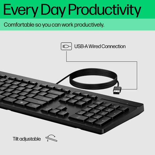 HP Clavier filaire 125. Facteur de forme du clavier: Taille réelle (100 %), Technologie de connectivité: Avec fil, Interfa