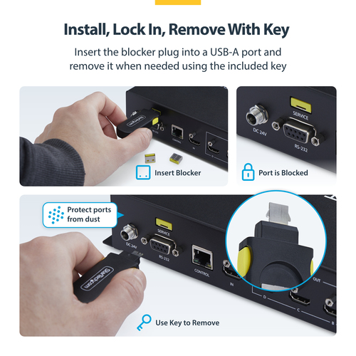 StarTech.com USB-A-PORT-BLOCKER. Produkttyp: Schnittstellenblockierung + Schlüssel, Kompatible Ports/Steckplätze: USB Typ-