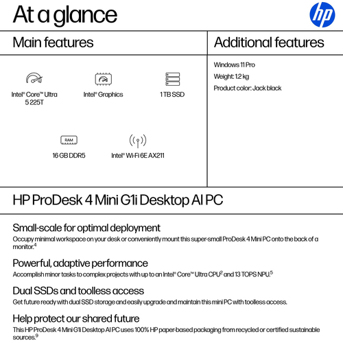 HP ProDesk 4 G1i Desktop AI Computer - Intel Core Ultra 5 225T - 16 GB - 1 TB SSD - Mini PC - Jack Black - Intel Q870 Chip