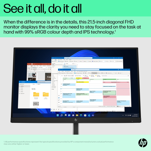 HP E-Series E22 G5 FHD Monitor. Display diagonal: 54.6 cm (21.5"), Display resolution: 1920 x 1080 pixels, HD type: Full H
