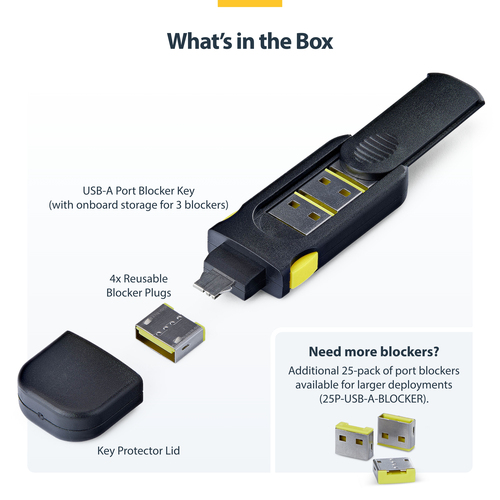 StarTech.com USB-A-PORT-BLOCKER. Produkttyp: Schnittstellenblockierung + Schlüssel, Kompatible Ports/Steckplätze: USB Typ-