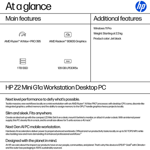 HP Z2 Mini G1a Workstation - AMD Ryzen AI Max+ PRO 395 - 128 GB - 1 TB SSD - Mini PC - Jet Black - Windows 11 Pro - AMD Gr