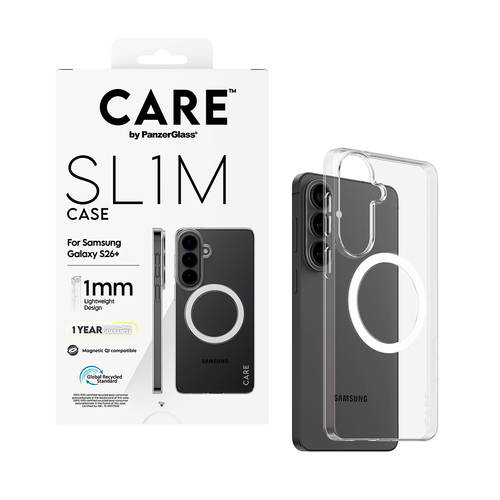 PanzerGlass CARE™ by ® SL1M Case Transparent w. Qi Samsung Galaxy S26+. Case type: Cover, Brand compatibility: Samsung, Co