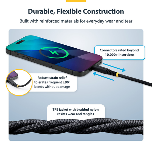 StarTech.com 30cm (1ft) USB-C Charging Cable, 60W (3A) PD, Dual-Layer Braided Nylon/TPE Jacket, Rugged USB 2.0 Laptop Char