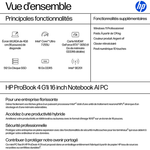 HP ProBook 4 G1 16AI Intel® Core™ Ultra 7 255U - 512GB 16GB - 1920 x 1200 - Pike Silver-  W11P