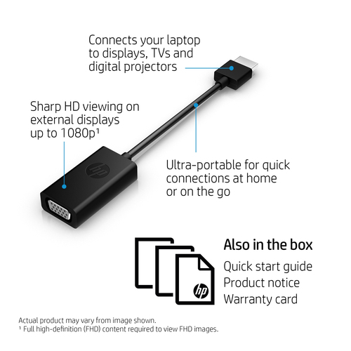 HP HDMI to VGA Adapter. Cable length: 0.045 m, Connector 1: HDMI, Connector 2: VGA (D-Sub). Weight: 40 g, Width: 18 mm, De