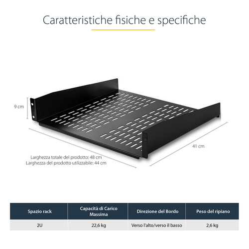 StarTech.com Scaffale cantilever per montaggio a rack universale con fessure 16" 2U - Ripiano per armadio server rack fiss