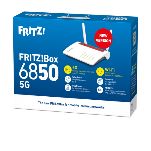 Box 6850 5G. Gerätetyp: Router für Mobilfunknetz, Produktfarbe: Weiß, Montage: Desktop / Wand. Ethernet LAN interface type