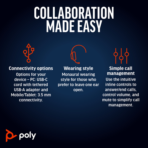 HP Poly Blackwire 5210 Monaural USB-C Headset +3.5mm Plug +USB-C/A Adapter. Product type: Headset. Connectivity technology