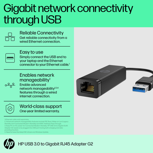 HP USB 3.0 to Gigabit RJ45 Adapter G2. Connectivity technology: Wired, Host interface: USB, Interface: Ethernet. Product c