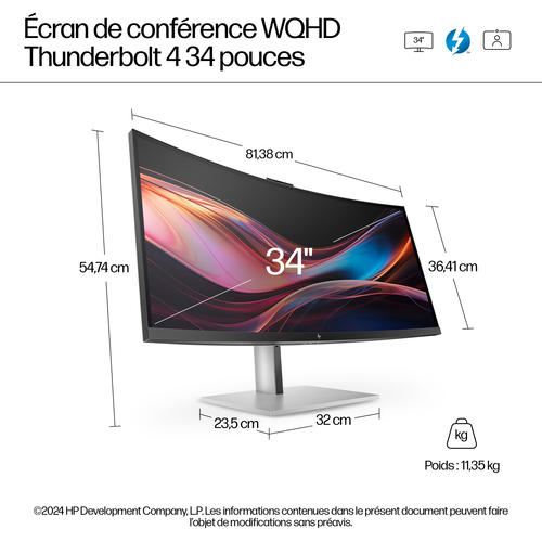 HP Series 7 Pro 34 inch WQHD Conferencing Monitor - 734pm. Display diagonal: 86.4 cm (34"), Display resolution: 3440 x 144