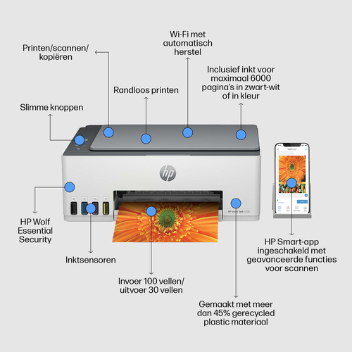 HP Smart Tank 5105 Wireless All-in-One Color Printer, Copier, Scanner. Print technology: Thermal inkjet, Printing: Colour 
