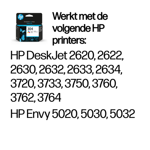 HP 304 Tri-color Original Ink Cartridge. Colour ink page yield: 100 pages, Printing colours: Cyan, Magenta, Yellow, Quanti