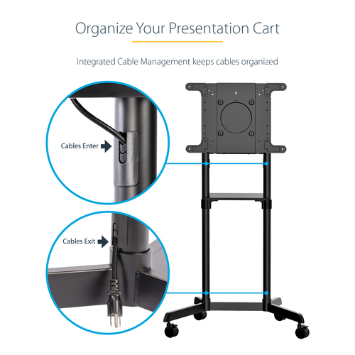 StarTech.com Mobile TV Cart, Portable Rolling TV Stand, 37-70 inch VESA Display Mount (154lb/70kg), Shelf & Storage, Rotat