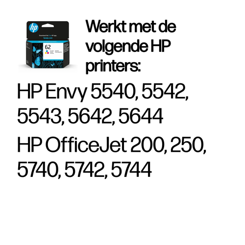 HP 62 Tri-color Original Ink Cartridge. Colour ink page yield: 165 pages, Printing colours: Cyan, Magenta, Yellow, Quantit