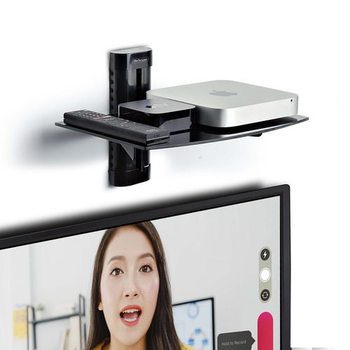 StarTech.com Floating Wall-Mounted AV Shelf, Adjustable Height Shelf For Under TV A/V Equipment, Black Tempered Glass Shel
