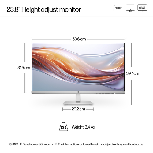 HP Series 5 23.8 inch FHD Height Adjust Monitor - 524sh. Display diagonal: 60.5 cm (23.8"), Display resolution: 1920 x 108