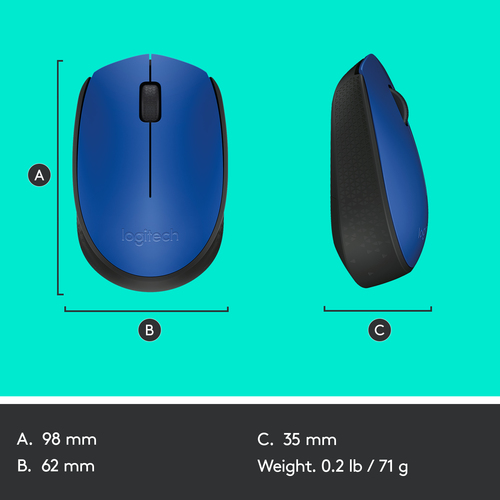Logitech M171 Mouse - Radio Frequency - USB 2.0 - Optical - Blue - Wireless - 1000 dpi - Scroll Wheel