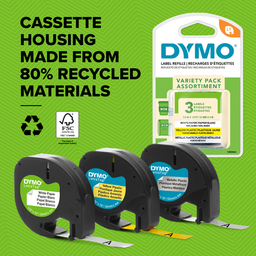 ID-Etikett Dymo LetraTag - 12 mm Breite x 4 m Länge - Klebefilm - Thermalbindung - Weiß - Plastik - 1 Rolle