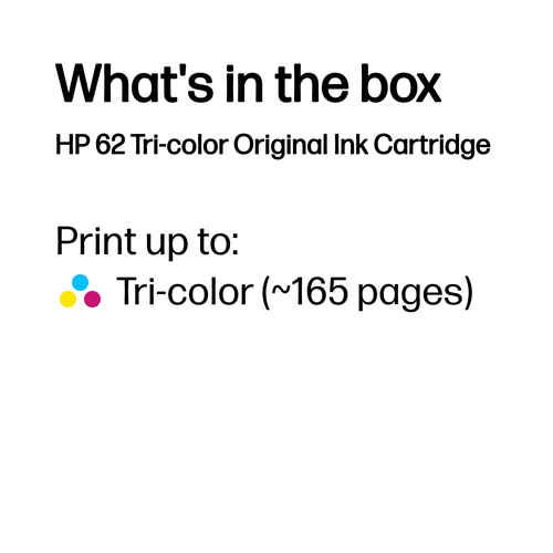 HP 62 Tri-color Original Ink Cartridge. Colour ink page yield: 165 pages, Printing colours: Cyan, Magenta, Yellow, Quantit