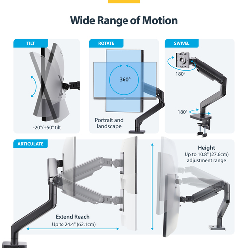StarTech.com Monitor Desk Mount for up to 49in 32:9 Ultrawide Curved Screen, Mechanical Spring Arm, C-Clamp/Grommet, Max W