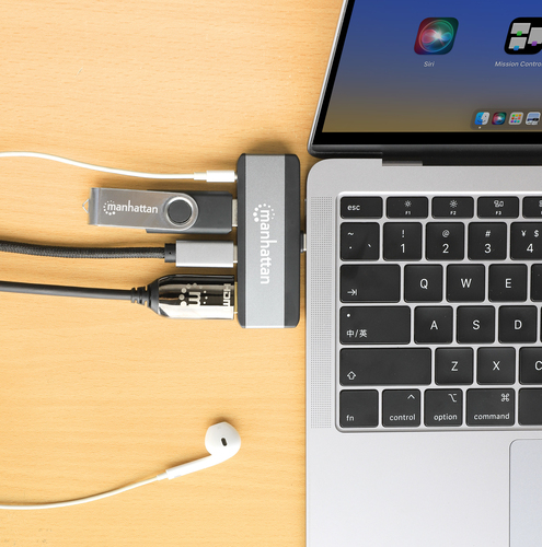 Manhattan USB-C Travel Dock/Hub, Ports (x4): HDMI, USB-A, USB-C and 3.5mm audio, With Power Delivery (100W) to USB-C Port,