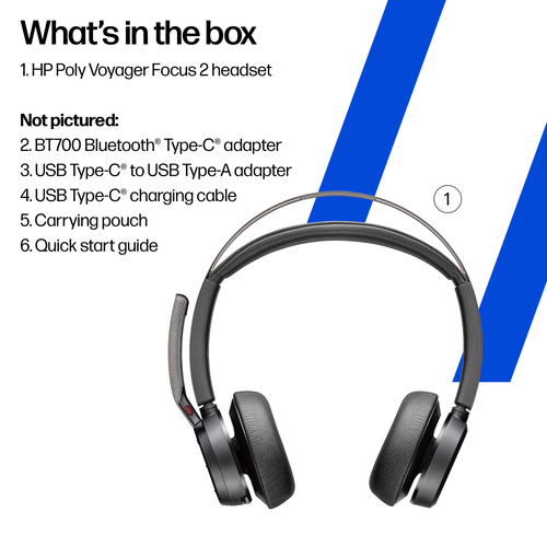 HP Poly Voyager Focus 2 USB-C-C Headset +USB-C/A Adapter. Product type: Headset. Connectivity technology: Wireless, Blueto