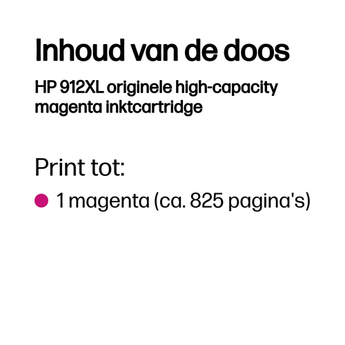 HP 912XL High Yield Magenta Original Ink Cartridge. Colour ink type: Pigment-based ink, Cartridge capacity: High (XL) Yiel