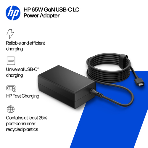 HP 65 W GaN USB-C LC-Netzteil. Starkstromtyp: AC-an-DC, Kompatibilität: Unterstützt eine Leistungsabgabe von bis zu 65 W, 
