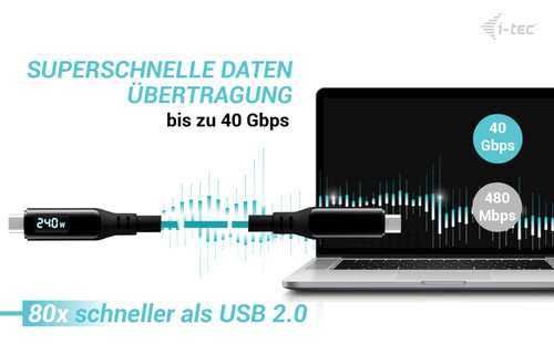 i-tec Thunderbolt 4/USB4 Class Pro Cable 240W with LCD (40 Gbps, 150 cm). Anschluss 1: Männlich, Anschluss 2: Männlich, Ka