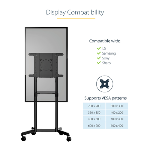 StarTech.com Mobile TV Cart, Portable Rolling TV Stand, 37-70 inch VESA Display Mount (154lb/70kg), Shelf & Storage, Rotat